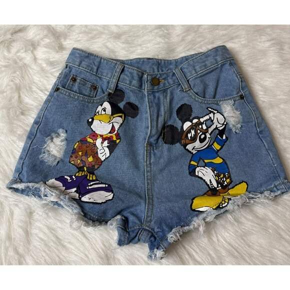 Mickey Mouse Disney Theme Denim Cut Off High Rise Shorts Women's Small - Picture 1 of 7